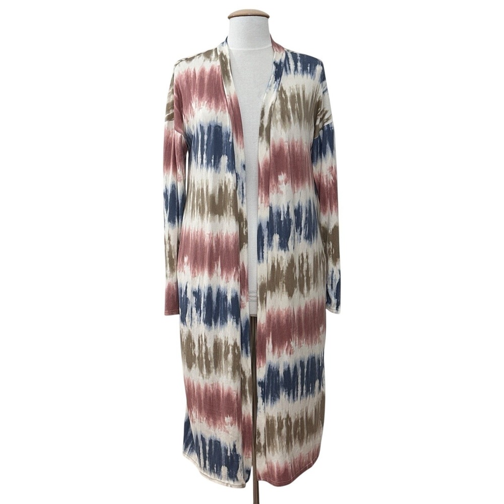 Beachy Tie Dye Duster Womens Top S Pink Blue Cardigan Open Long Boho Hippie
